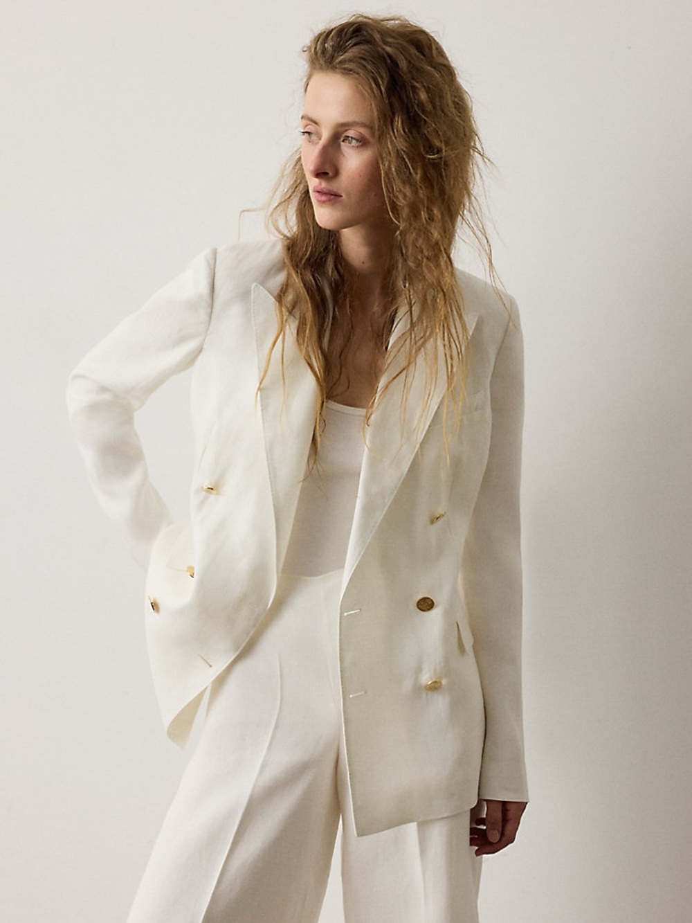 Ralph Lauren Double-Breasted Cream Blazer with Gold Buttons